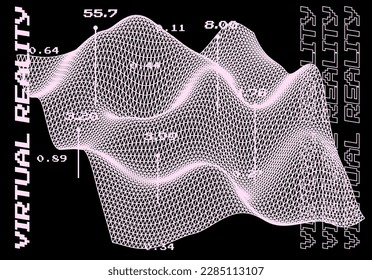 Plano 3D rayado y distorsionado hecho de malla. Ciencias de la computación e ilustración de sujetos de realidad virtual.