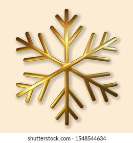3d glitter covered golden snowflake. Realistic 3d illustration of shimmering metallic snowflake isolated. Greeting card, invitation happy New year 2020 and Christmas. Vector illustration.