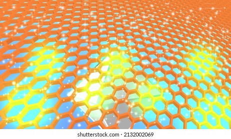 3D global bright vector orange honeycomb hexagon structure on cyan background. Volume rhombus under cells and radiant stars. Abstract texture or wallpaper