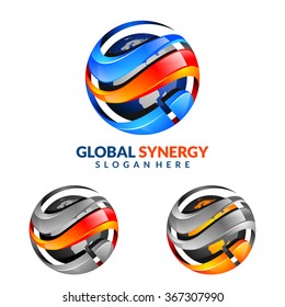 3D Global Synergy With Sphere And Colorful Modern Infinity, Blue Silver And Red Or Gold Futuristic Technology