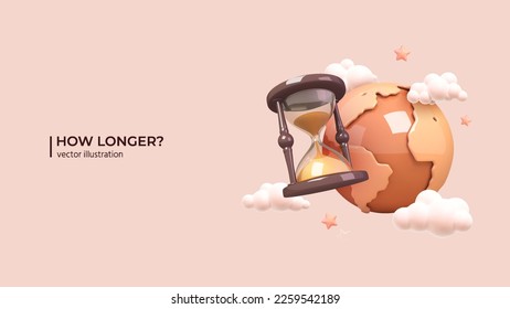 3D Global warming and climate change Concept. Realistic 3d design of Earth Planet and Hourglass. Natural disaster, mass extinction, deterioration of life in cartoon minimal style. Vector illustration