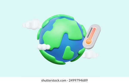 3D Global warming education for nature ecology temperature warm hot and cool weather control clouds meteorology heat mometer, care earth day sustainable. Eps 10 vector. 3d render illustration elements