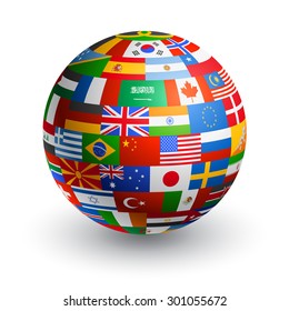 A 3D globe composed by the flags of the most important countries in the world