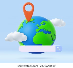 3d Globe or Earth with Clouds, Search Bar and Location Pin. Planet Earth and Search Frame. Weather, Booking, Transportation, Traveling concept. 3d rendering. Vector illustration
