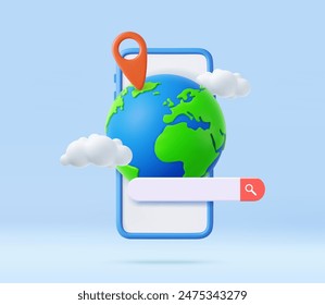 3D Globe oder Earth mit Wolken, Suchen Bar und Location Pin am Telefon. In: Planet Earth and Suchen Frame. Wetter, Buchung, Transport und Verkehr, Reisekonzept. 3D-Rendering Vektorillustration