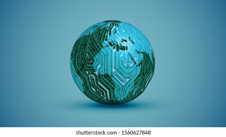 3D globe with electric circuit, vector illustration