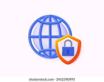 3D Globe hyperlink icon. Cyber security, shield lock. Personal data security Illustrates cyber data or information privacy idea. 3D Web Vector Illustrations.