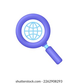 3D Globe hyperlink icon and magnifying glass. Search WWW sign. Web hosting technology. Browser search website page. Trendy and modern vector in 3d style.