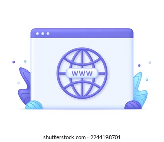 3D Globe hyperlink icon. Search WWW sign. Web hosting technology. Browser search website page. Trendy and modern vector in 3d style.