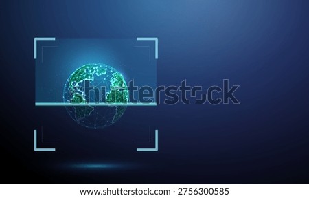 3d globe inside digital scanning frame. Geospatial analysis, global data inspection, location verification, environmental scanning, planetary information assessment concept. Futuristic digital Vector.