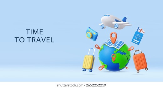 3D globe with map pins, airplane, camera, and suitcases, symbolizing vacation, adventure, and world travel inspiration. holiday summer concept. 3d rendering. Vector illustration
