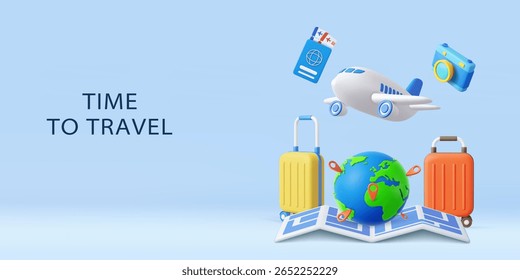 3D globe with map pins, airplane, camera, and suitcases, symbolizing vacation, adventure, and world travel inspiration. holiday summer concept. 3d rendering. Vector illustration