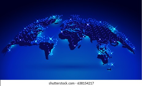 3D Globe Map with Shiny Illuminated Lights. Global Connection Concept. Vector Illustration