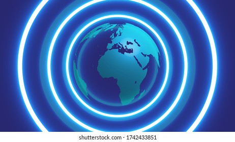 globo 3D con círculos de neón alrededor, ilustración vectorial