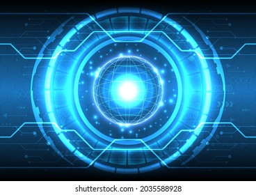 3D globe and neon light. Futuristic Sci-Fi glowing HUD circle element. Abstract hi-tech background. Hologram particle of head-up display interface. Virtual reality technology of engineer data science