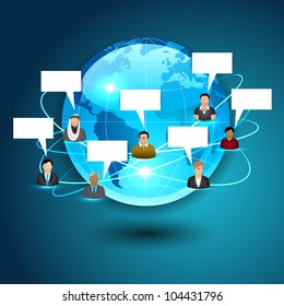 3D Globe with signals, social networking peoples and speech bubble, Social media network connection and communication with networking signals, icons and map pointers on glossy blue background.EPS 10.