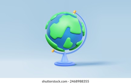 3D globe with stand earth green world map on skyblue pastel  background. science learning, nature worldwide traveling geography education learning, Eps 10 vector. 3d render illustration elements