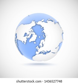 3d globe in white and blue colors. 3d vector illustration North Pole on light gray background
