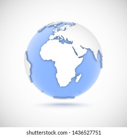 3d globe in white and blue colors. 3d vector illustration with continents Africa, Europe, Asia on light gray background