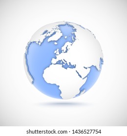 3d globe in white and blue colors. 3d vector illustration with continents America, Europe, Africa, Asia on light gray background