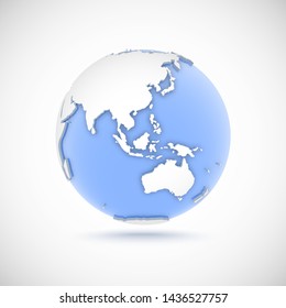 3d globe in white and blue colors. 3d vector illustration with continents Eurasia, Europe, Asia, Australia, Oceania on light gray background