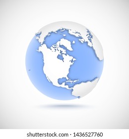 3d globe in white and blue colors. 3d vector illustration with continents America, North America on light gray background