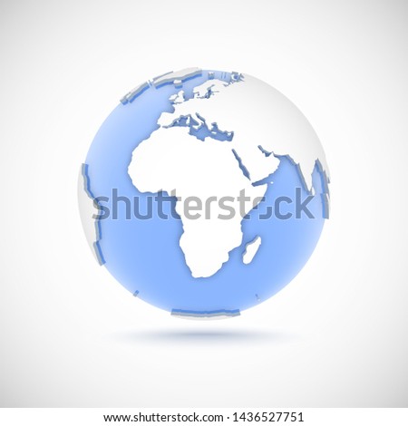 3d globe in white and blue colors. 3d vector illustration with continents Africa, Europe, Asia on light gray background
