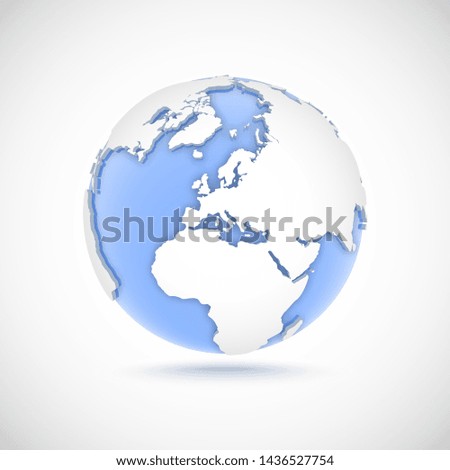 3d globe in white and blue colors. 3d vector illustration with continents America, Europe, Africa, Asia on light gray background