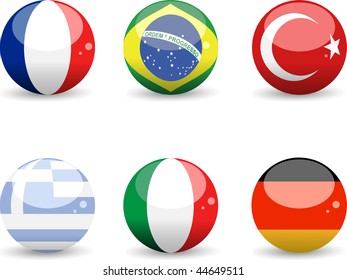 3D globes with flags of France, Brazil, Turkey, Greec, Italy and Germany