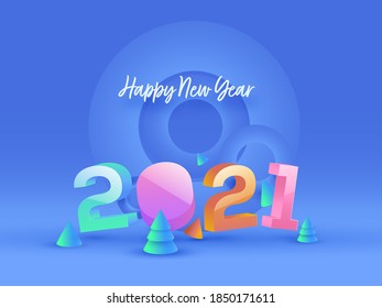 3D Glossy 2021 Number With Xmas Tree, Cones On Blue Background For Happy New Year Celebration.