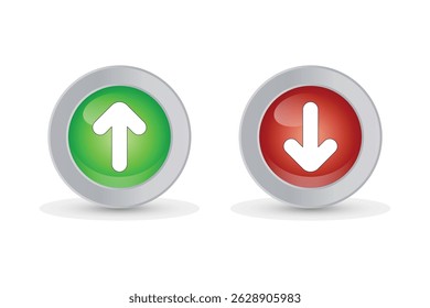 3d glossy up arrow and down arrow icons inside metallic round buttons on white background