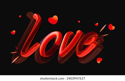 3D Glossy Blend Red Text Effect of Love Font Decor with Tiny Hearts on Black Background.