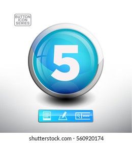 3D Glossy Blue Button With Number 5 for web Icon, Education Icon and Alphabet Icon. Vector Illustration 