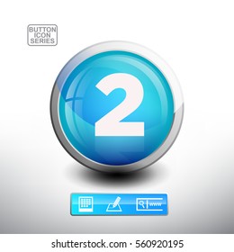  3D Glossy Blue Button With Number 2 for web Icon, Education Icon and Alphabet Icon. Vector Illustration 