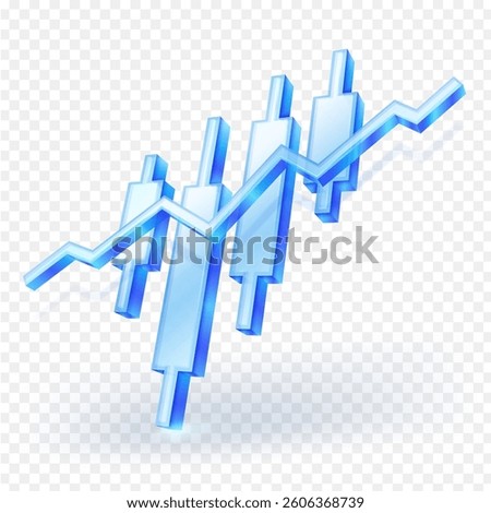 3D glossy blue candlestick chart icon with ascending trend line. Modern transparent glass effect. Financial and trading data element. Perfect for stock market, forex, and cryptocurrency concepts.