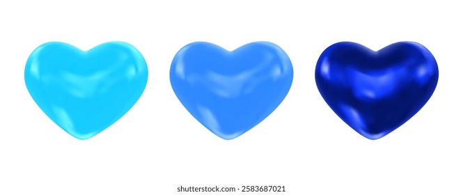 3d glossy blue hearts. Symbol of love, romantic relationships. Valentine's Day vector elements for design romantic events, valentine, certificate, banner, wedding decor