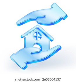 3D glossy blue icon of two hands protecting a house, symbolizing home insurance, real estate care, or safety. Isolated on white background. Perfect for web, apps, or infographics. Vector illustration.