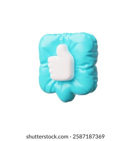 3D glossy blue inflated balloon speech bubble with thumbs up hand gesture sign vector icon. Render volume chatting box with like, approve message symbol. Social media dialogue cloud notification