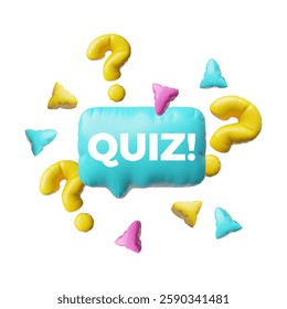 3D glossy blue inflated balloon speech bubble with quiz slogan and question mark signs vector illustration. Render volume rectangle asking text bubble. Chat message, dialogue cloud, chatting box