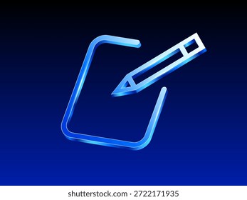 3d glossy blue 3d note and pencil icon on dark background, representing writing, editing, documents, and content creation. 3d vector icon