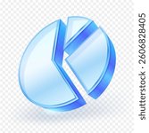 3D glossy blue pie chart icon with transparent glass effect. Business and finance infographic element. Modern data visualization symbol isolated on transparent background. Vector illustration file.