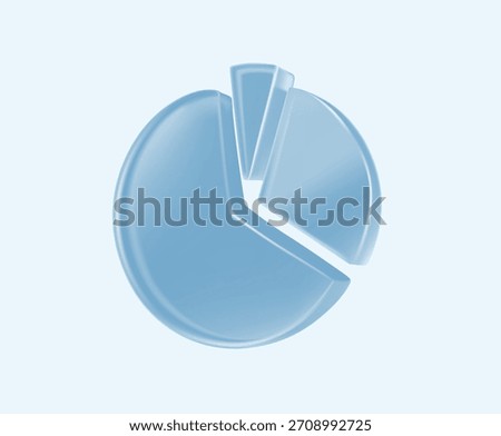 3D glossy blue pie chart icon with transparent glass effect. Business and finance infographic element. Modern data visualization symbol isolated on white background. Vector illustration file