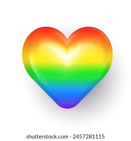 3d brillante brillante corazón multicolor para el mes del Orgullo.  Insignia tridimensional colorida de la forma del corazón, etiqueta, etiqueta engomada o icono con el patrón de la bandera del arco iris del degradado LGBTQ+ aislado en fondo blanco.