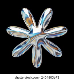 3D glossy chrome holographic flower shape, metallic Y2K design element, isolated vector for futuristic graphic