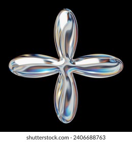 3D glossy chrome holographic flower, Y2K abstract shape, isolated vector for retro futuristic design