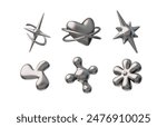 3D glossy chrome shapes vector set in retro Y2K style. Render liquid metallic stars, heart, flower and blob splash forms. Volume steel melting or silver icons. 2000s aesthetic design elements