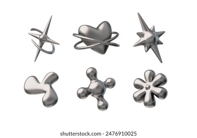 3D glossy chrome shapes vector set in retro Y2K style. Render liquid metallic stars, heart, flower and blob splash forms. Volume steel melting or silver icons. 2000s aesthetic design elements