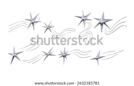 3D Glossy Chrome Shooting Star Symbol. A modern collection of 3d chrome shooting star icons with various trail shapes including twisted swirl compact burst. Perfect for futuristic visuals branding