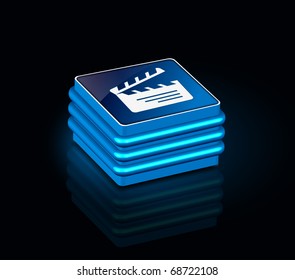 3d glossy clapper board icon, blue isolated on black background.