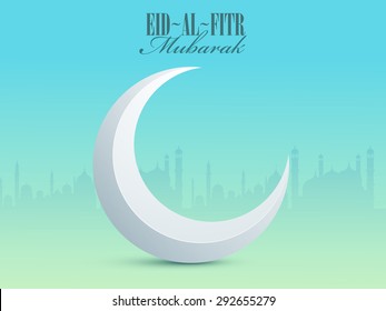 3D glossy crescent moon with stylish text Eid-al-Fitr Mubarak on mosque silhouette, shiny sky blue background for muslim community festival celebration.